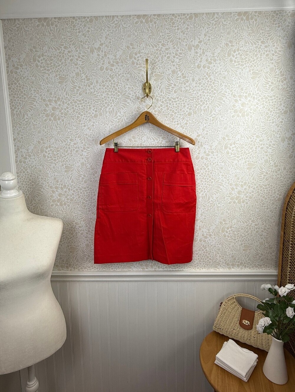 Theory Women's Bright Red Button-Front Cotton Blend Skirt - Size - 12